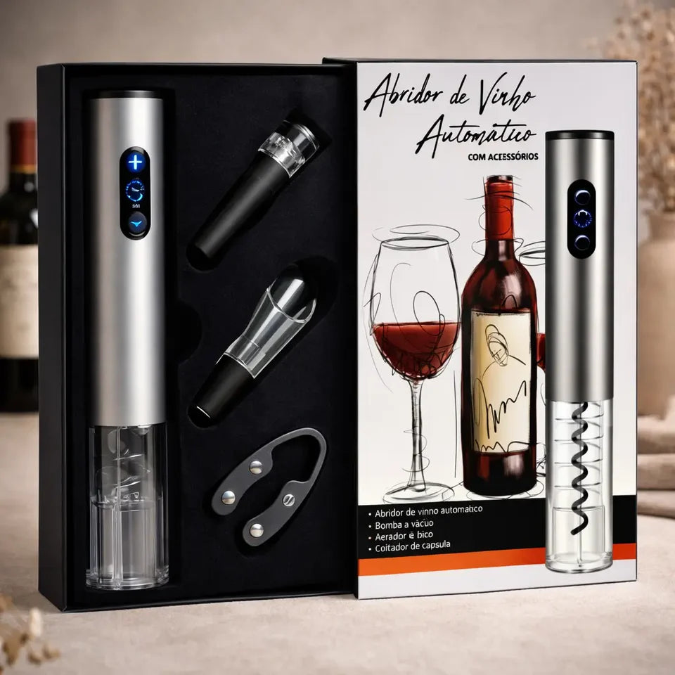 Kit Abridor de Vinho Elétrico Automático com Caixa Presenteável 4 Peças