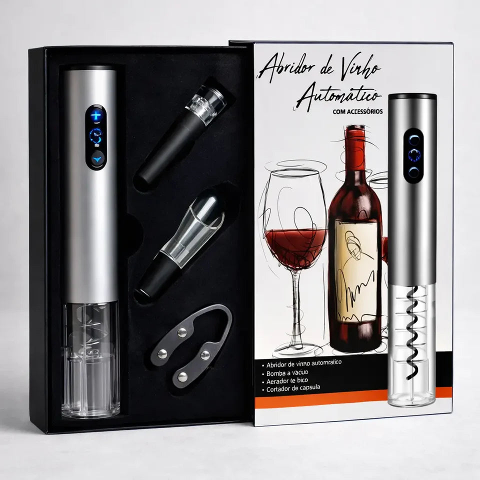 Kit Abridor de Vinho Elétrico Automático com Caixa Presenteável 4 Peças