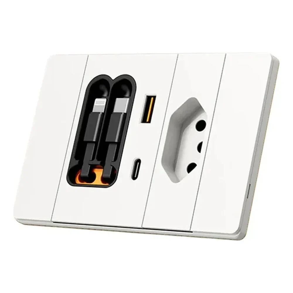 Tomada Inteligente Plugmax — tomada, USB, USB-C e 2 cabos retráteis numa peça só