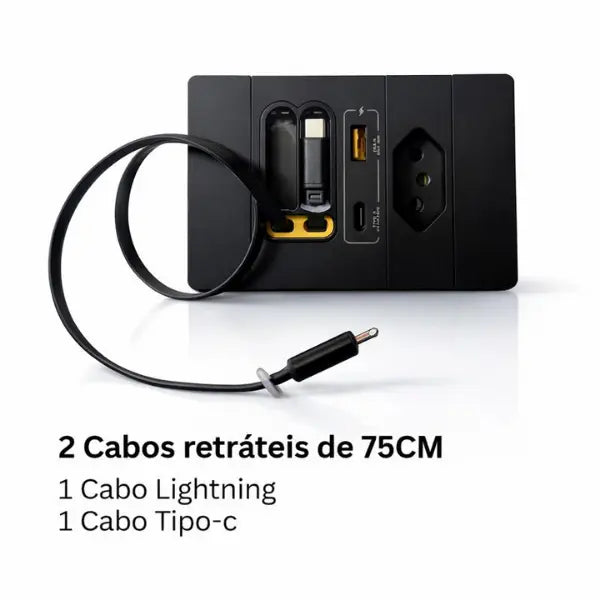Tomada Inteligente Plugmax — tomada, USB, USB-C e 2 cabos retráteis numa peça só