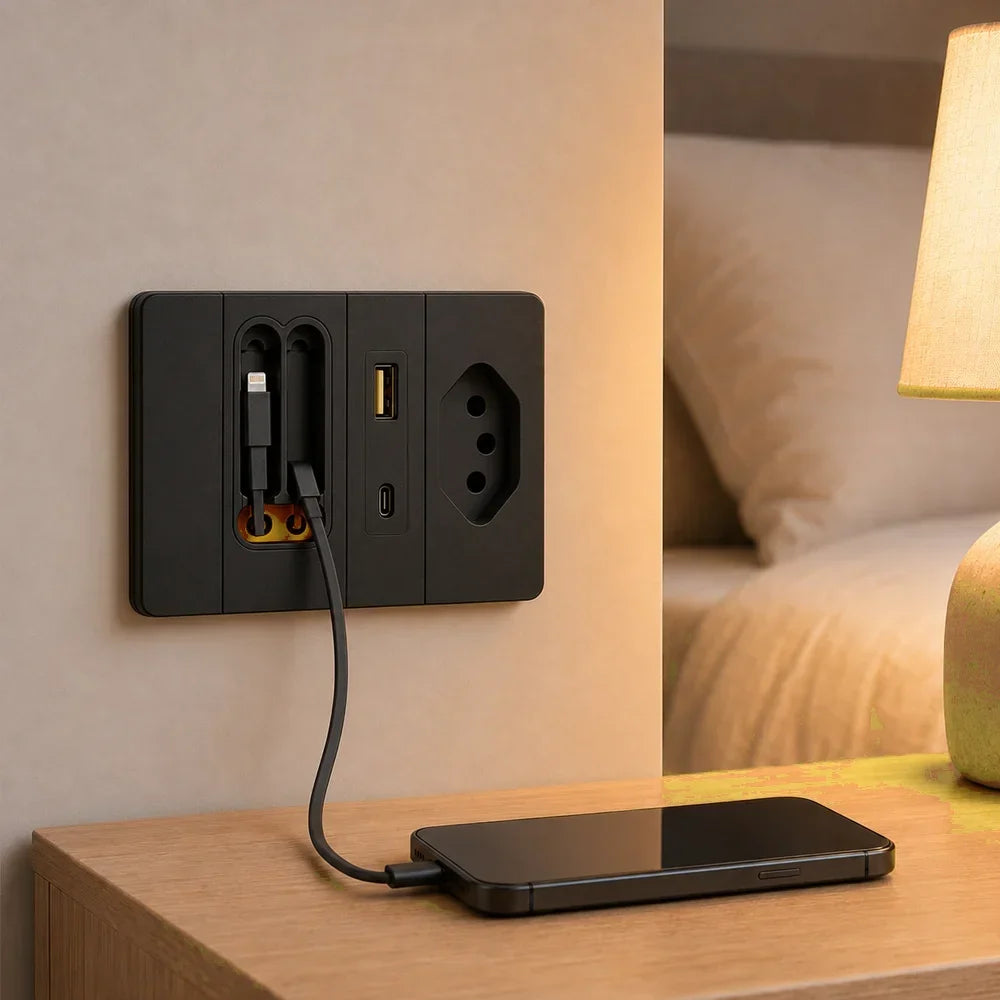Tomada Inteligente Plugmax — tomada, USB, USB-C e 2 cabos retráteis numa peça só